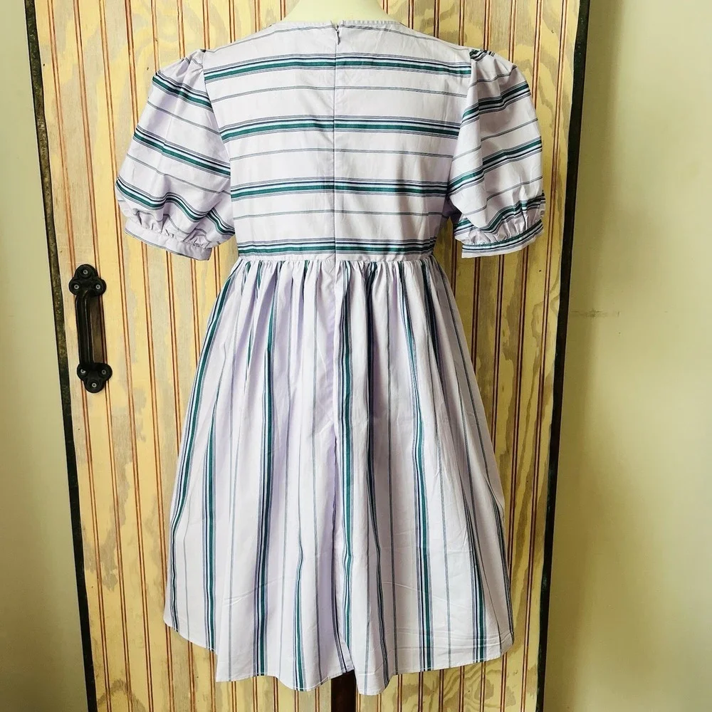 NWT English Factory Regency Striped Puff Sleeve Babydoll Mini Dress Size M - Picture 5 of 9